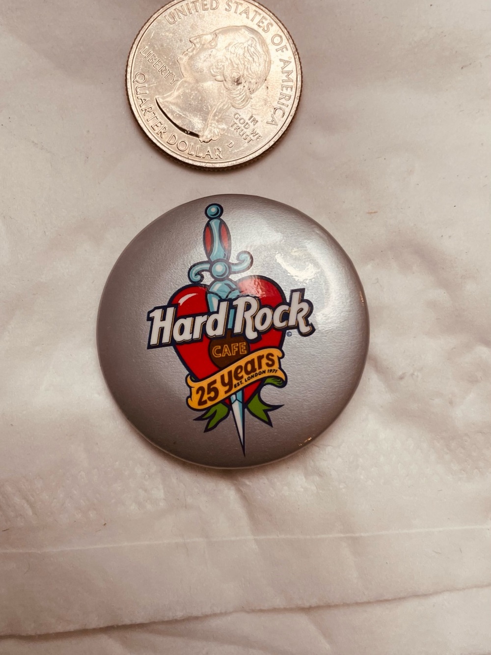 Vtg, 1996 Hard Rock Cafe Silver Button with Red Heart and Blue Dagger